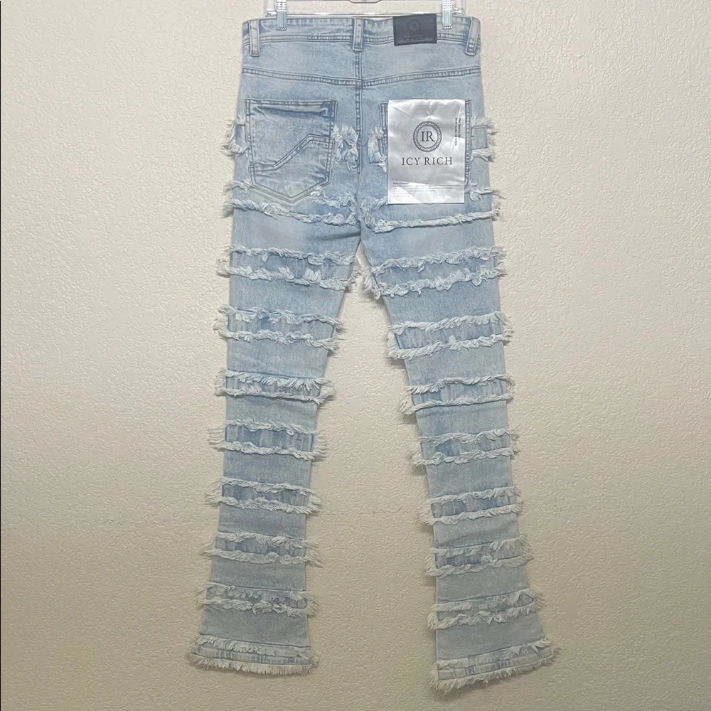Men's ICY RICH Size 32 Light Blue Distressed Stacked Skinny Jeans - Picture 9 of 9